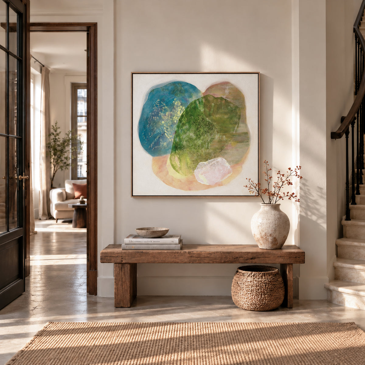 Whisperings, a calming abstract wall art print on canvas hanging in a modern hallway. Ingeborg Andersson Art