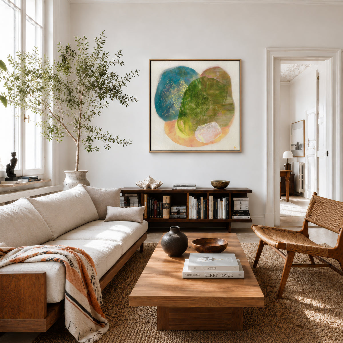Whisperings, a calming abstract wall art print hanging in a modern living room. Ingeborg Andersson Art