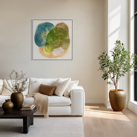 Whisperings, a calming abstract wall art print hanging in a modern living room. Ingeborg Andersson Art