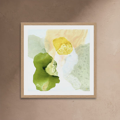 Modern abstract wall decor print with luminous gold, fresh green tones and delicate shimmer texture on paper by Ingeborg Andersson Art