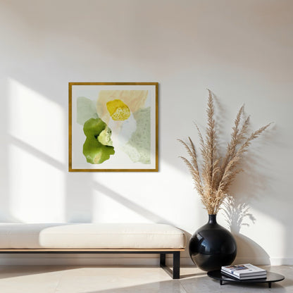 Yellow Diamond, modern abstract wall decor print on paper, framed in gold finish. Hanging above a bench. Ingeborg Andersson Art