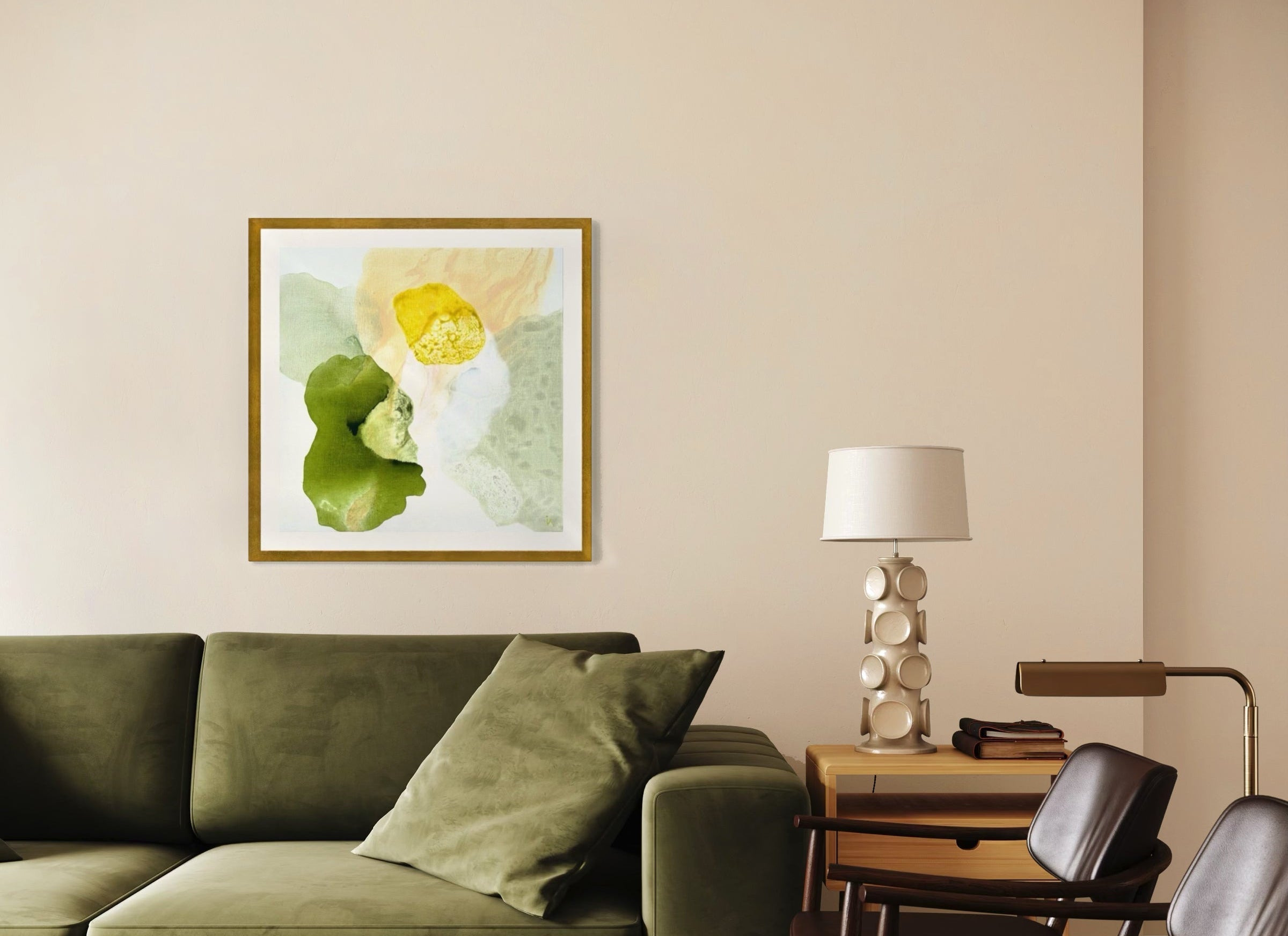 Yellow Diamond, modern abstract wall decor print on paper in classic frame. Hanging in a modern living room, mid-century style.  Ingeborg Andersson Art