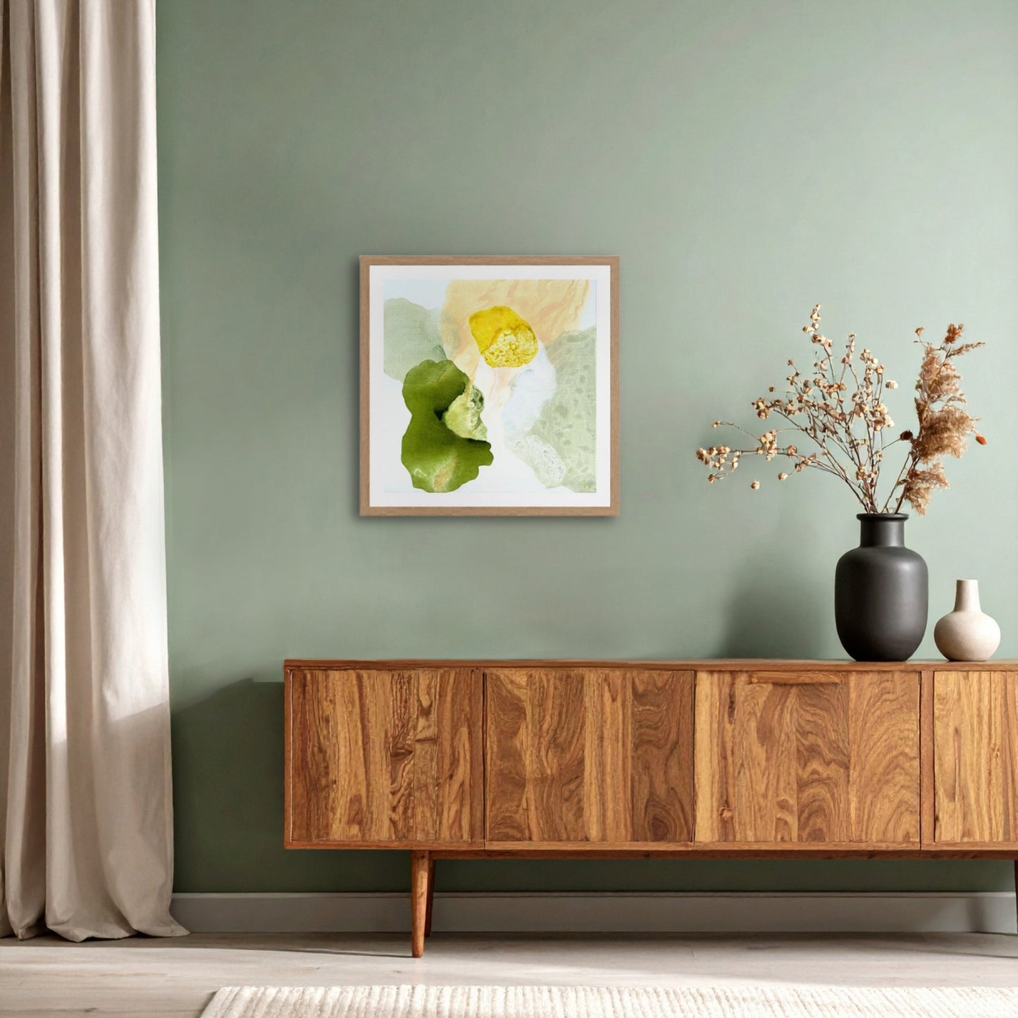 Yellow Diamond, modern abstract wall decor print on paper in classic frame. Hanging in a modern living room. Ingeborg Andersson Art